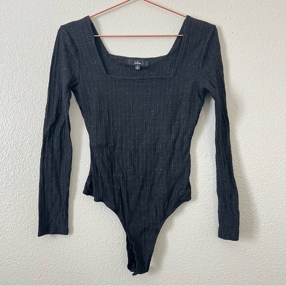 Lulus ribbed knit bodysuit black sparkle metallic square neck long sleeve thong